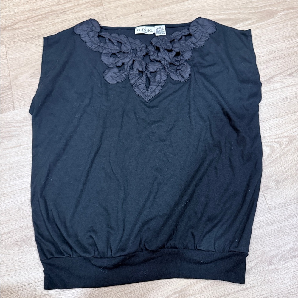 Gitano Black Sleeveless Tank with Braided Neckline